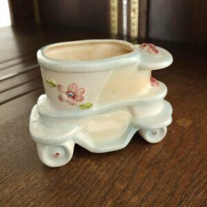 Vintage Mid-20th Century Ceramic Baby Stroller Carriage Hand-Painted Floral